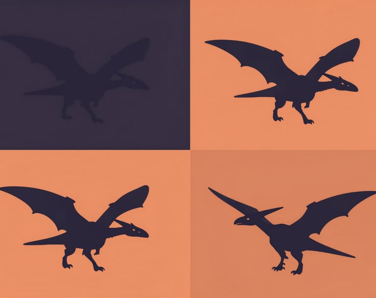 A series of four small Pterodactyl silhouettes arranged in a pop-art grid. Each quadrant uses alternating colors from the palette: #1F3A4B and #D87D51. The style is flat, graphic, and modern.