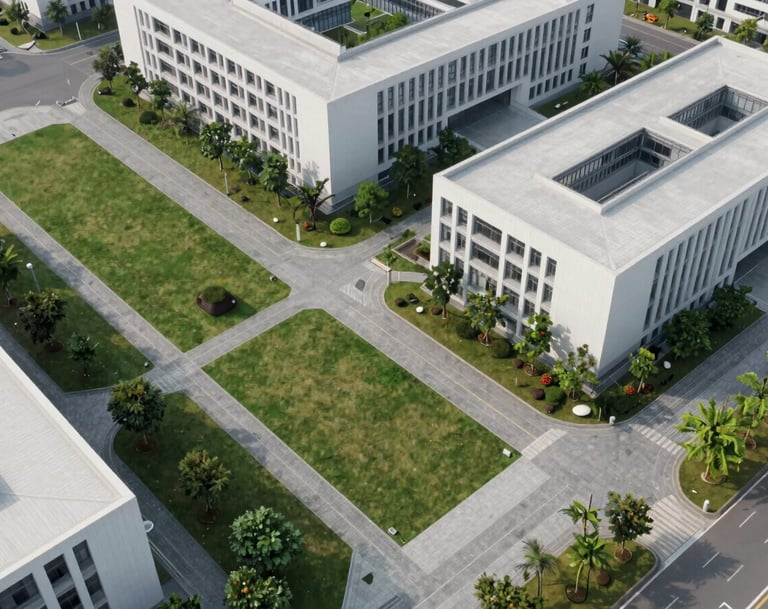 An aerial view of a site plan for a university campus, showing green spaces and silver grey pathways. The aesthetic is clean and modern, with soft white highlights.