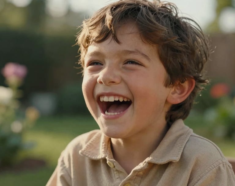 A detailed, cinematic close-up of a child's laughter, captured in a sun-drenched Western / Global garden. The lighting highlights the warm, golden skin tones and Soft Sand colored clothing. The style is candid lifestyle photography.