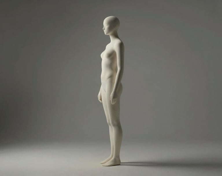 A sophisticated full-length silhouette of a human form captured in a minimalist studio. The subject is positioned against a muted grey background with soft light spilling from one side to create a slim off-white outline of the body's curve. North American / US.