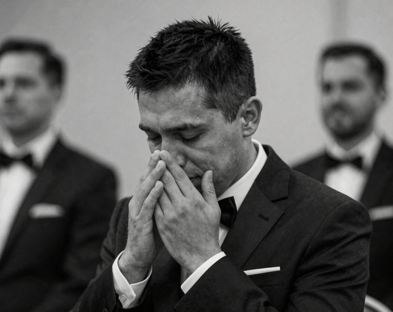 Candid black and white shot of a groom's emotional reaction, deep charcoal tones #3D3A38, professional depth of field, focused on authentic storytelling and raw emotion.