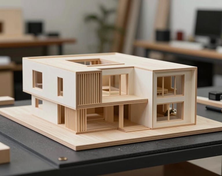 An architectural scale model of a modern house made of light wood and off-white materials. Placed on a charcoal-colored surface in a professional Portuguese design studio.