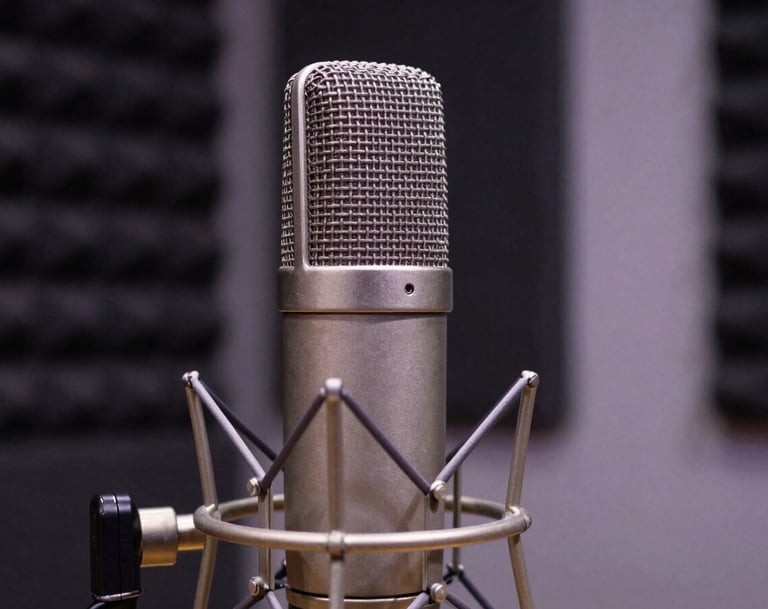 A close-up of a professional vintage condenser microphone in a recording studio. The background features dark charcoal acoustic treatments and a hint of soft lavender gray light catching the metallic surface of the mic, suggesting high-end artistic production.