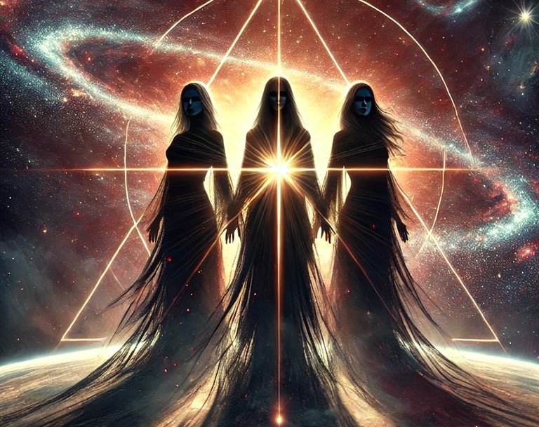 A striking scene with three dark silhouettes of females Nova Talos, Vortex Nexus and Xoto