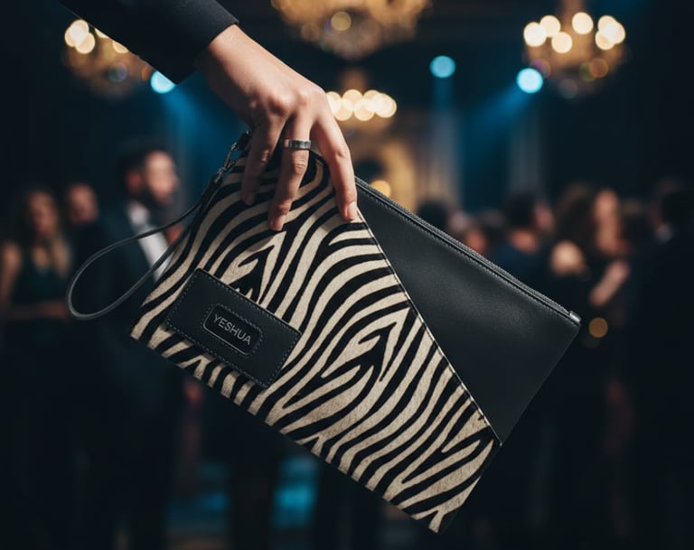 Elegant woman holding a luxury zebra print clutch bag at a formal evening event with blurred chandeliers.