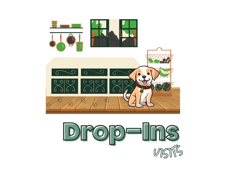 Illustration for Julia's Pet Pals drop-in visits in Boston, featuring a happy dog in a cozy kitchen with the text 'Drop-Ins'