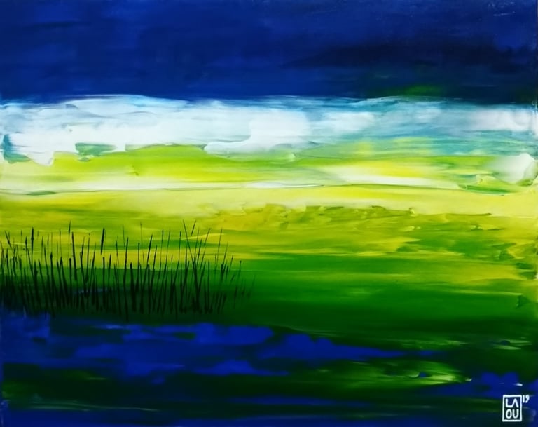 a painting of a landscape with a green field