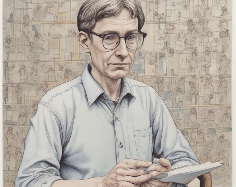 a man in a blue shirt and glasses is holding a tablet