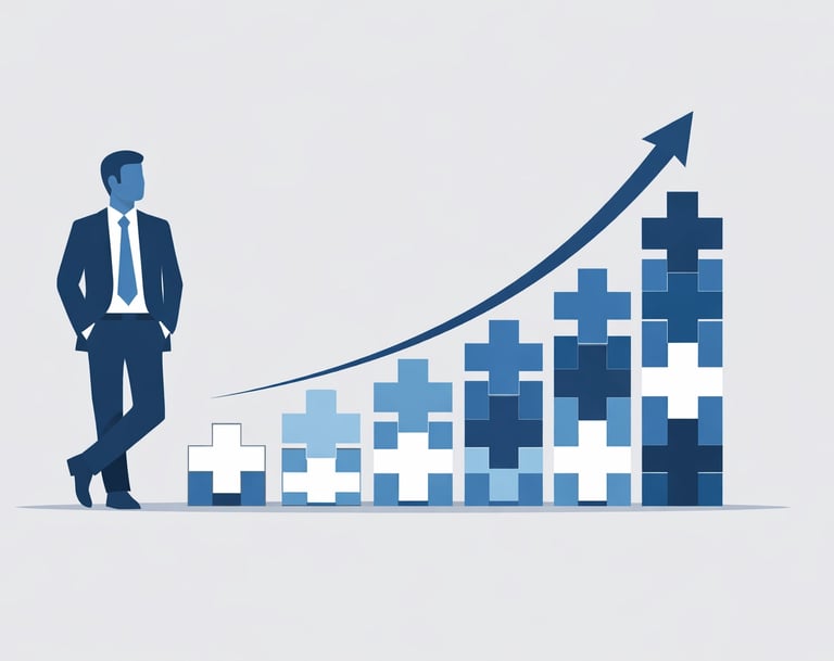 A smiling healthcare agency owner reviewing financial growth charts in an office.