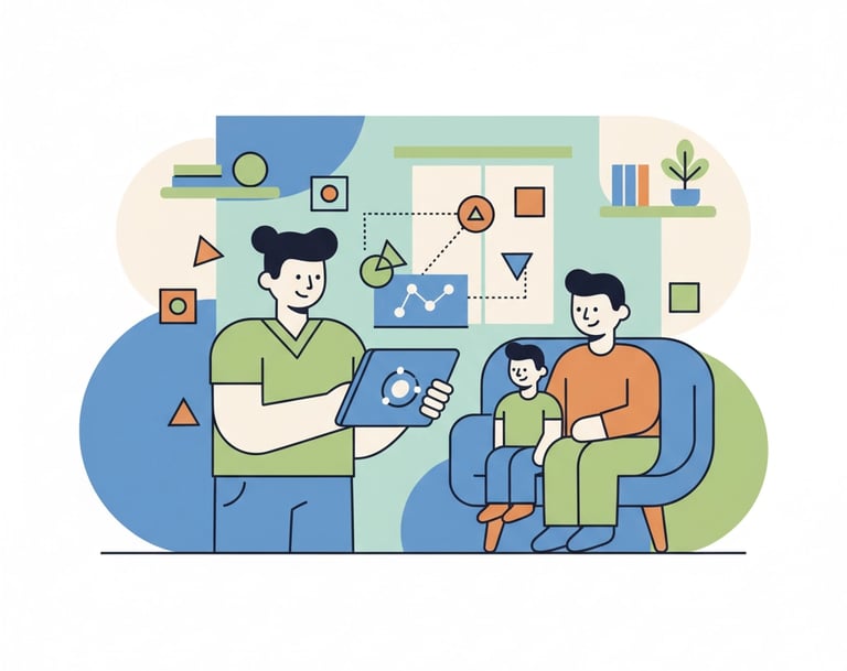 A hospice nurse reviewing patient care metrics on a tablet while sitting with family members in a co