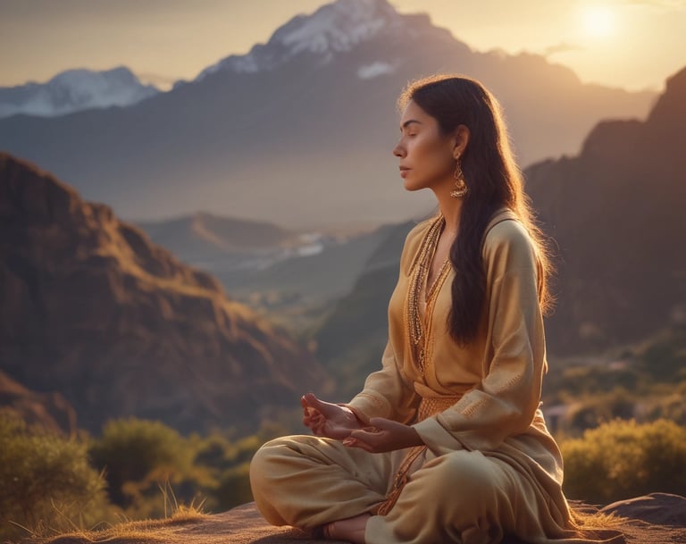 A tranquil setting with a person meditating by a peaceful river, reflecting harmony and stillness.