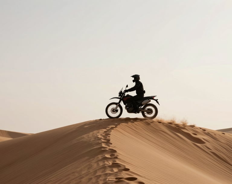 A silhouette of a lone rider on a motorcycle at the crest of a sand dune in a Global / Western desert. The sky is a pale, soft off-white, creating a high-contrast profile. Edgy and storytelling-focused.