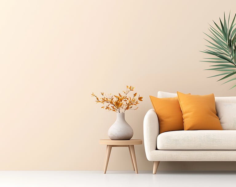 white therapy couch with orange pillows and a side table with flowers