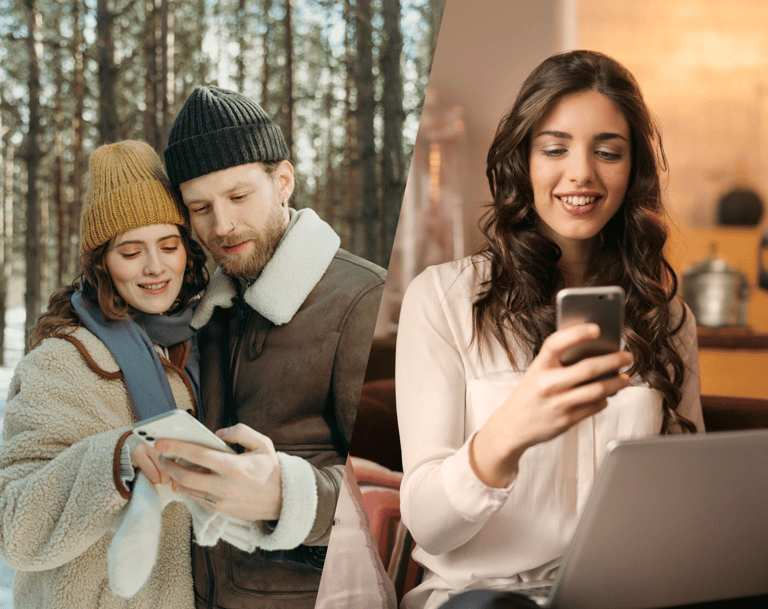 a man and woman are looking at their cell phones
