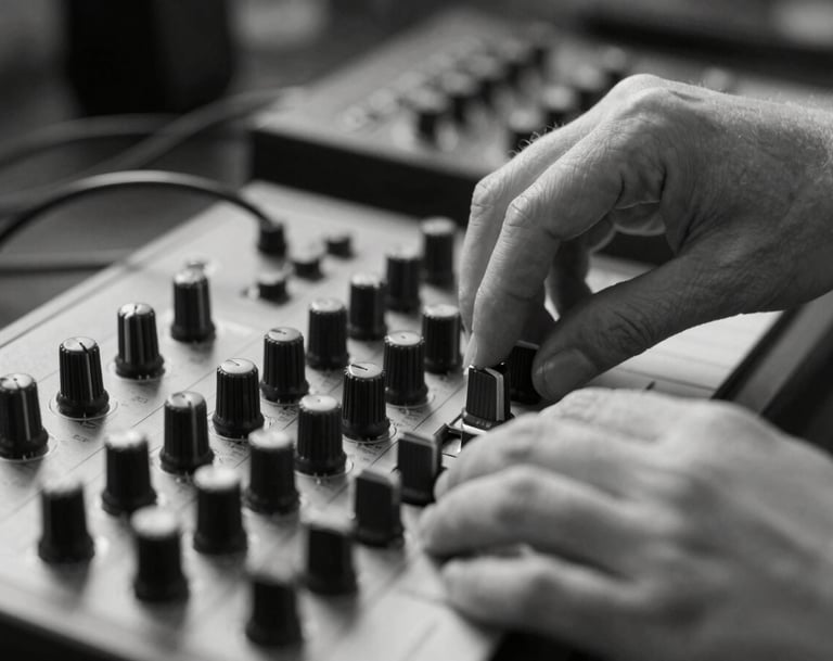 Close-up black and white photography of an artist's hands adjusting a modular synthesizer. Soft focus on the background, sharp details on the metal knobs and cables. Artistic and cinematic mood.