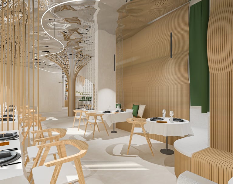 a restaurant with a wooden table and chairs