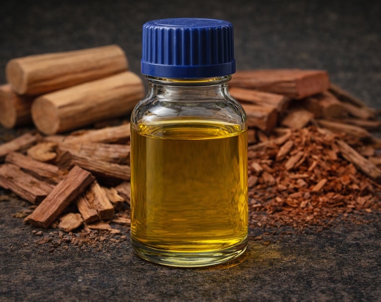 Pure sandalwood oil in a borosilicate glass bottle, natural fragrance oil for artisanal perfumery