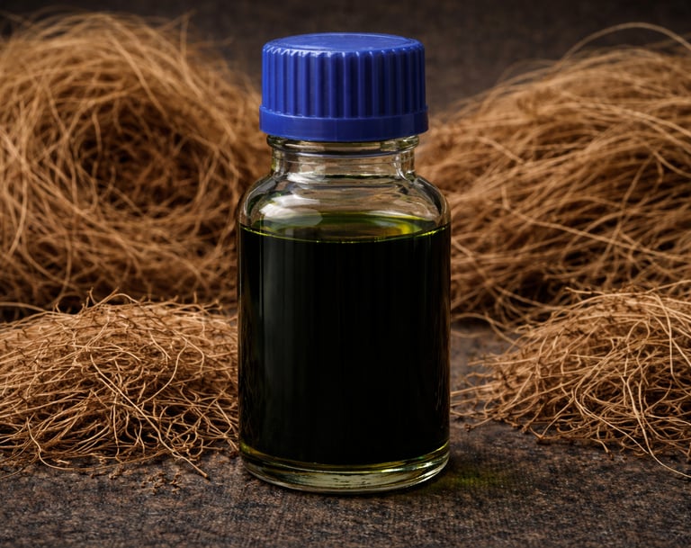 Natural vetiver oil presented in clear borosilicate glass, artisanal fragrance oil