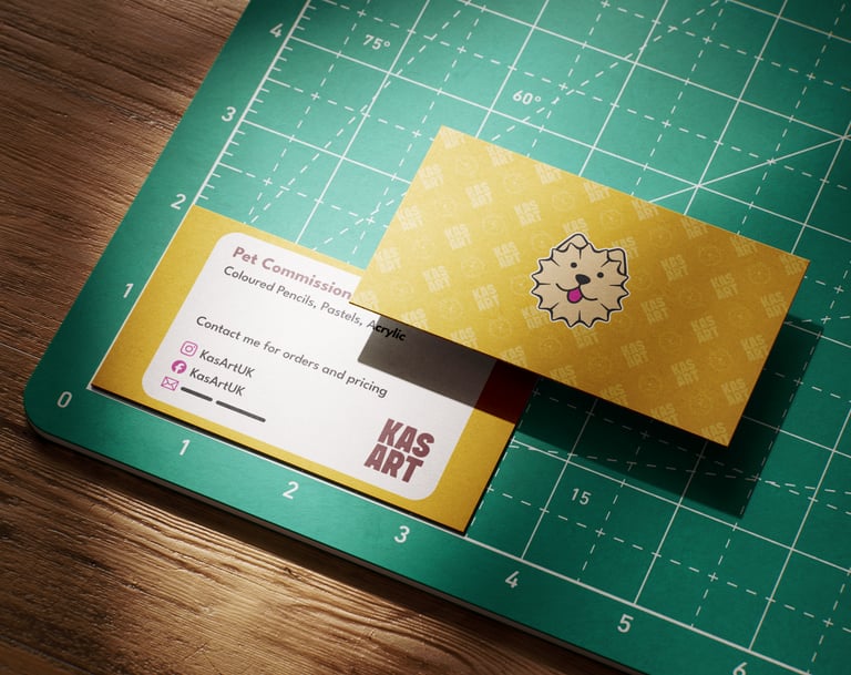 KAS ART UK business card with social account details and redacted email address