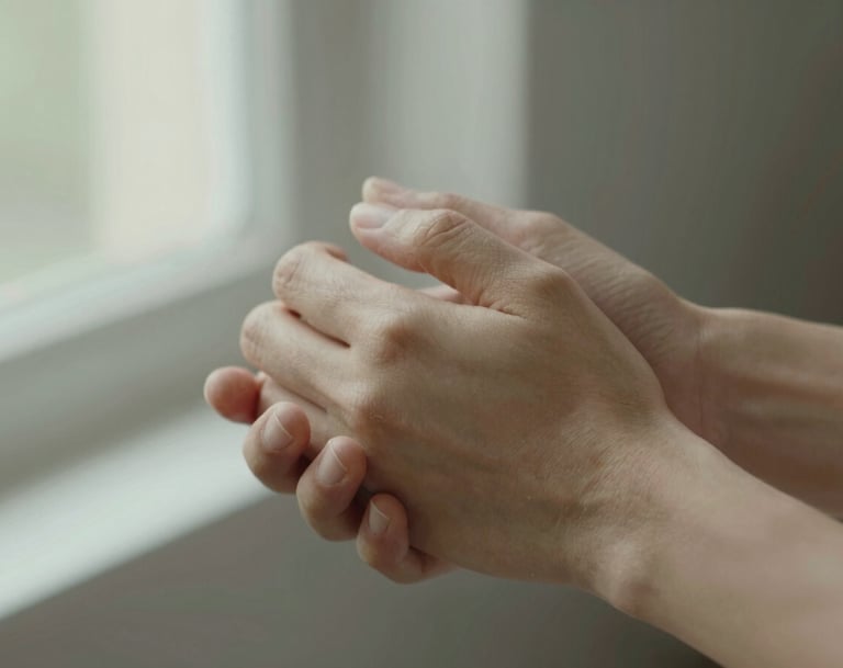 A close-up, intimate shot of two hands gently holding each other, showing fine details and textures. The lighting is soft and natural, coming from a nearby window. The atmosphere is warm and welcoming, utilizing #E2D7C3 tones.
