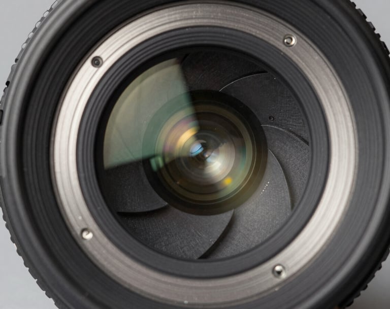 A macro close-up of a premium camera lens, showing the intricate aperture blades and multi-coated glass elements, reflecting soft light, industrial and clean aesthetic, slate and silver tones.