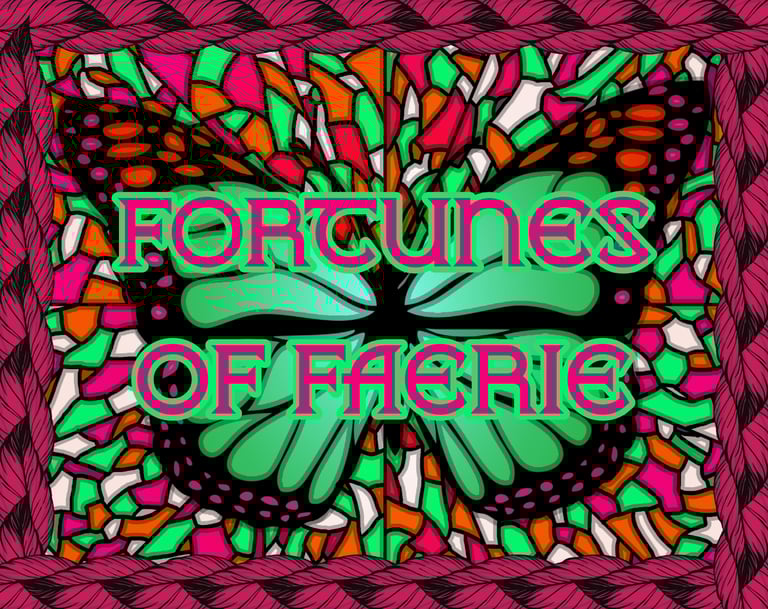 A thumbnail for the supplement Fortunes of Faerie, showing a stained glass effect with a a butterfly and knotted border.
