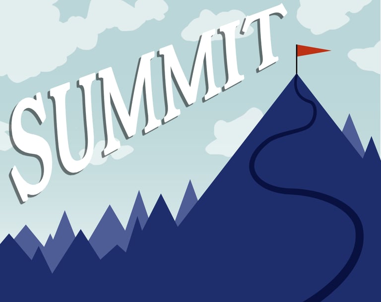 A thumbnail for the game Summit, showing blue mountains with a red flag atop the biggest.