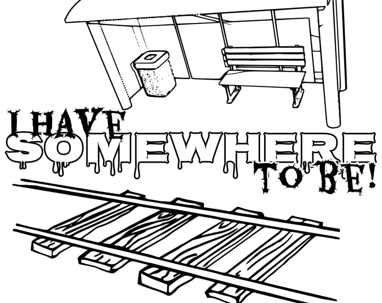 A thumbnail for the game I HAVE SOMEWHERE TO BE. A line drawing of a bus stop and train track frame the title.