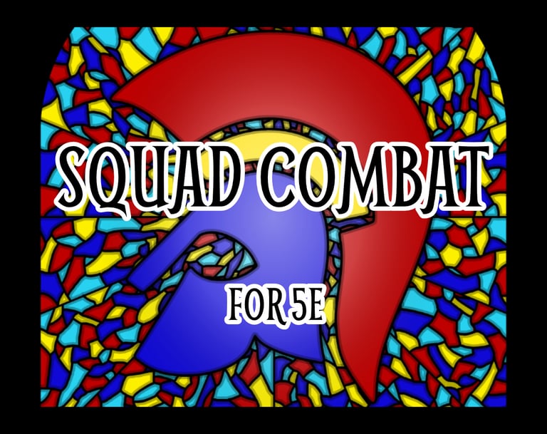 A thumbnail for the supplement Squad Combat For 5e, showing a stained glass effect with a spartan helmet.