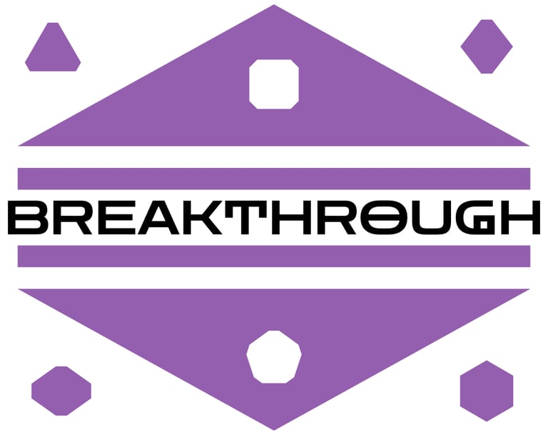 A thumbnail for the game BREAKTHROUGH. A purple polygon is surrounded by smaller polygons.