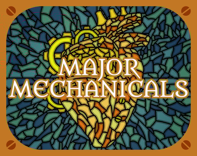 A thumbnail for the supplement Major Mechanicals, showing a stained glass effect with a mechanical heart and .a gold frame.