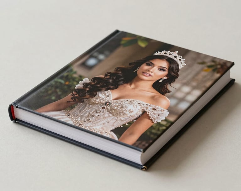 Close-up photography of a luxury photobook with a custom cover featuring a quinceañera portrait. The book is placed on a minimalist muted off-white surface, shot in a South American / Colombian studio setting with soft natural light.