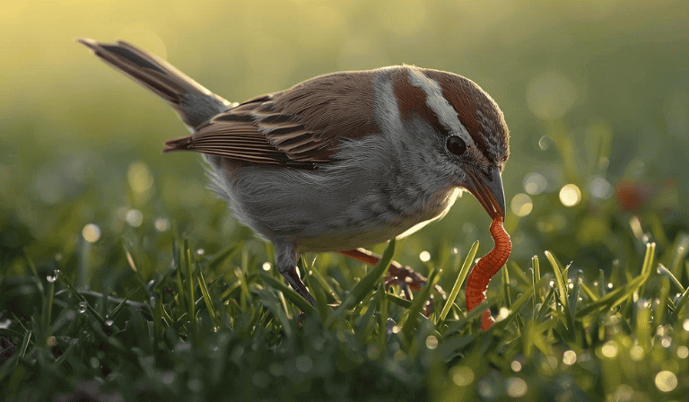 Sparrow standing in tall grass at sunrise with warm light, symbolizing growth and new beginnings