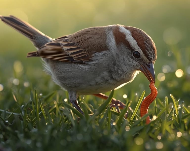 Sparrow standing in tall grass at sunrise with warm light, symbolizing growth and new beginnings