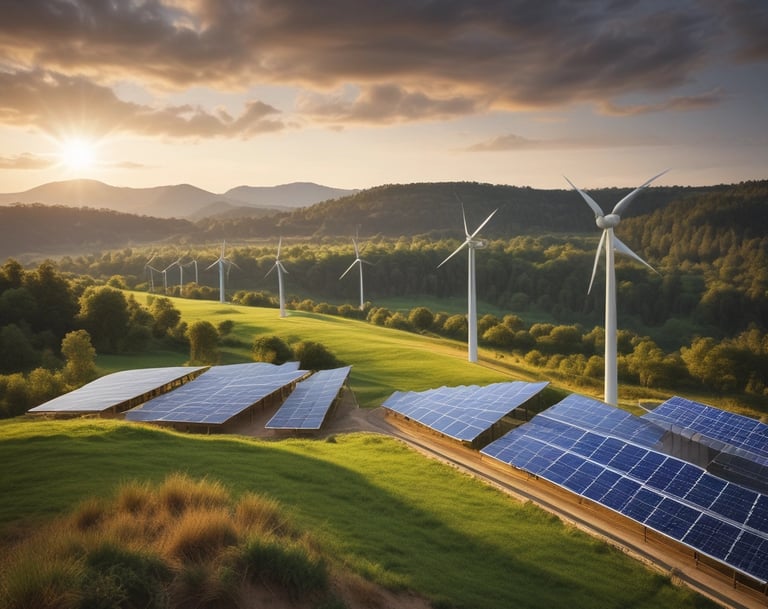 An aerial view of a complex of modern buildings with green roofs and solar panels, surrounded by lush greenery. The surrounding area features a mix of industrial and residential buildings, under a partly cloudy sky.