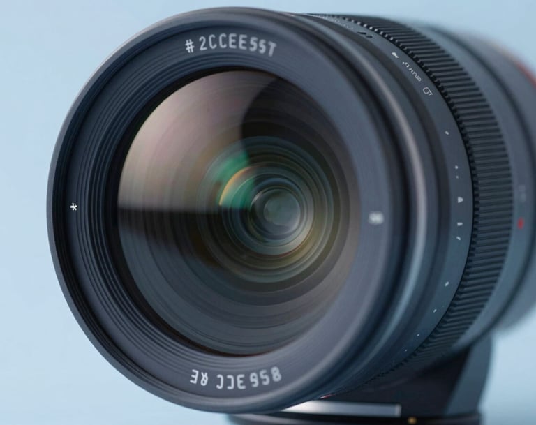 Close-up of a high-end cinema lens reflecting a studio environment, featuring a palette of #2C3E50 and #86A3B8. Sharp focus, professional aesthetic, elegant lighting.