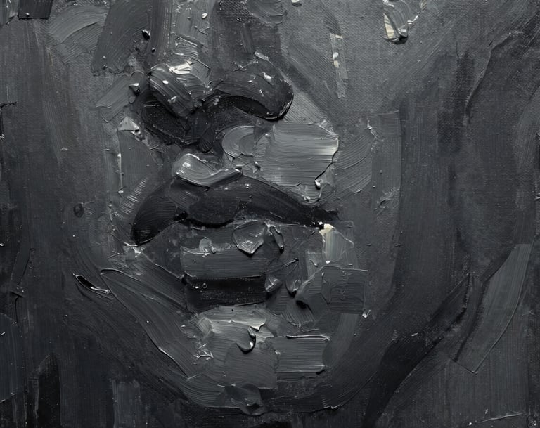 A macro photograph showing the rich texture of high-end oil paint on a canvas, with visible brushstrokes and a sophisticated palette of #1A1A1A and #5F5B54, under soft, museum-quality lighting.