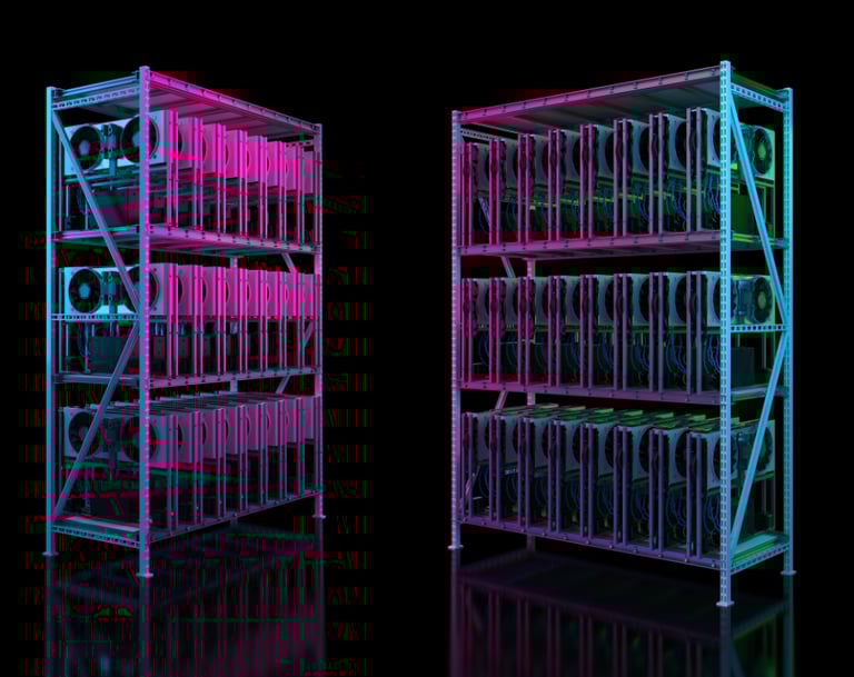 Minage de cryptomonnaie avec ordinateurs générant du Bitcoin et sécurisant la blockchain