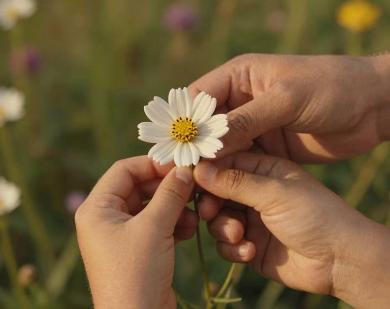 A detail shot of an adult hand and a child's hand holding a single wildflower in a North American / General Western garden. Focus on skin textures and petals, warm golden lighting, and a cinematic shallow depth of field.