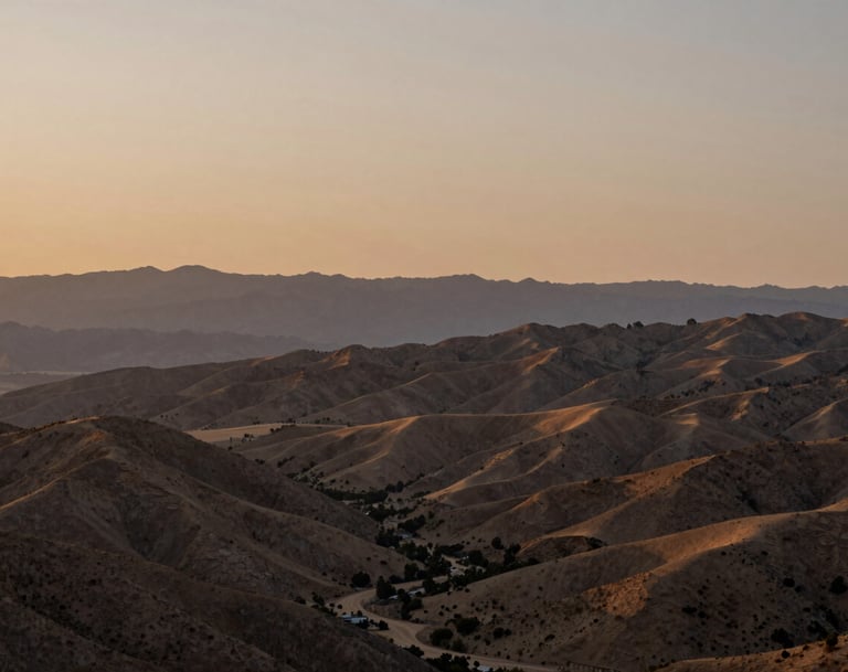 A wide cinematic landscape of an Ojai valley at dusk, hazy soft sand colored sky meeting earthy brown mountains, peaceful and authentic atmosphere.