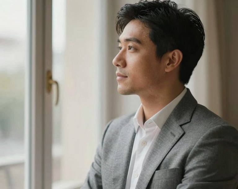 Lyan Galindo in a moment of quiet reflection, looking towards a window with soft, natural light illuminating his face. He is wearing a sophisticated #1A2D3A suit. The atmosphere is warm and inviting, capturing his personal resilience and inner strength.