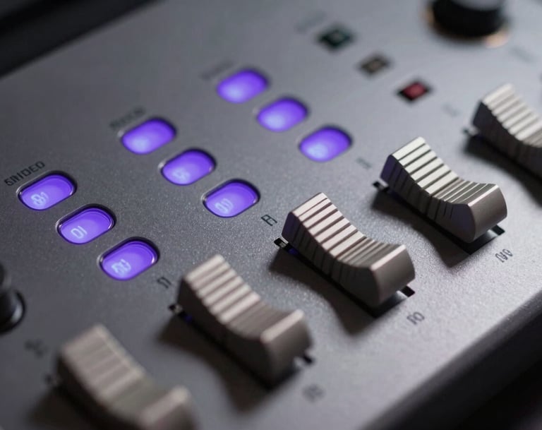 Close-up of high-end audio production equipment in a professional Spanish / Latin American music studio. Charcoal grey metallic surfaces, glowing electric violet indicators, soft platinum reflections. Sharp focus, minimalist depth of field.
