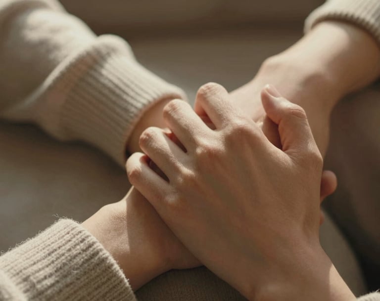 Close-up detail of hands intertwined, sunlight catching the texture of soft knitwear and sun-kissed skin, warm and authentic atmosphere, cinematic lifestyle photography.