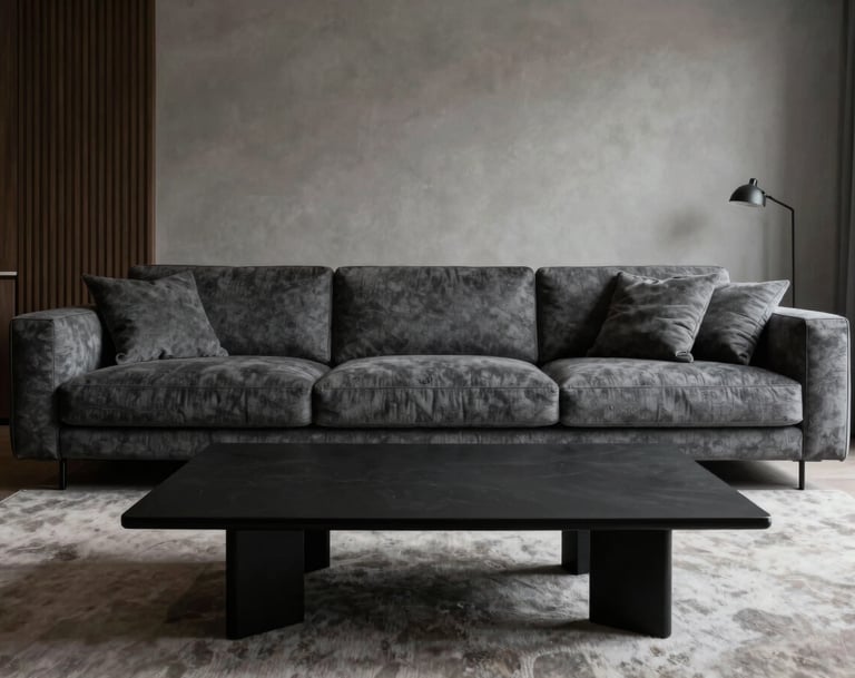 A high-end interior shot of a living room in a South American / Brazilian luxury apartment. It features a charcoal grey designer sofa and a minimalist black coffee table. The lighting is soft and moody, emphasizing the high-end materials and negative space in the room.