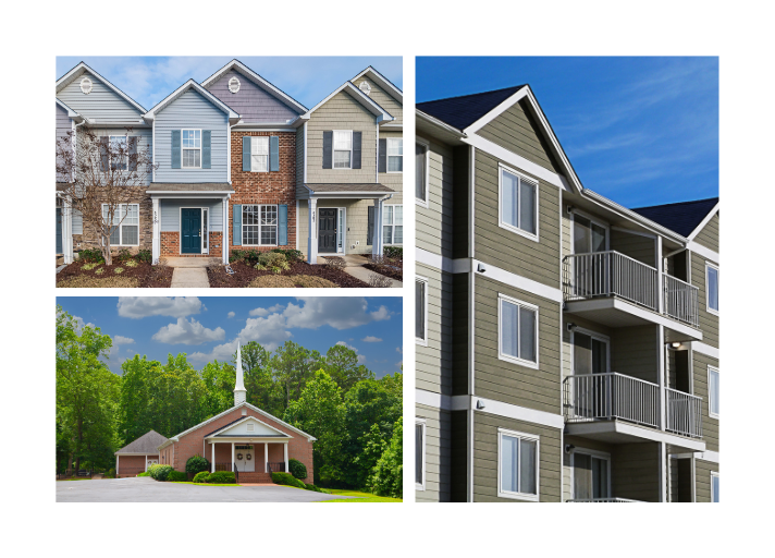 Image showing a multi unit housing a church and an appartment complex