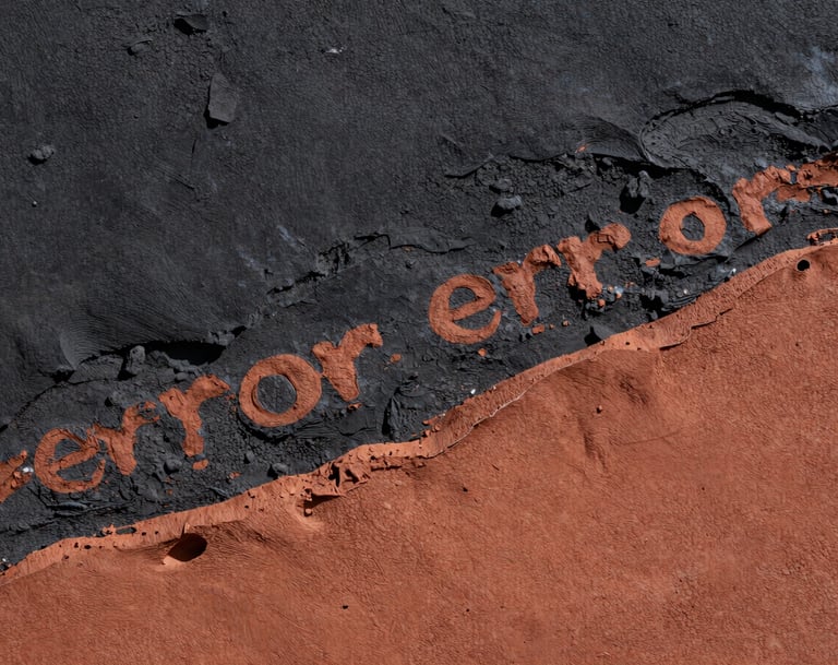 A high-contrast macro photograph focusing on the textured surface of an artwork. Visible layers of deep charcoal and soft terracotta pigments create a rugged, tactile landscape. The lighting is harsh and dramatic, emphasizing the 'error' and transformation in the South American / Argentine artistic process.