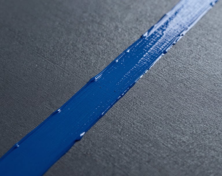A macro shot of a canvas surface showing the intersection of matte deep slate grey paint and a glossy vibrant blue acrylic stroke. The texture of the canvas weave is visible. High-contrast, editorial photography in an International / Urban Art Scene art space.
