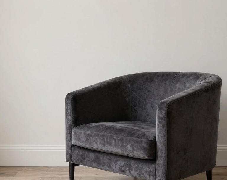 A styled corner of a modern North American / Western European living room, featuring a dark charcoal grey velvet armchair next to a soft off-white wall, minimalist and calm fashion-inspired atmosphere.