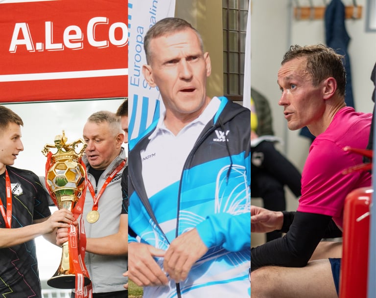 Eesti jalgpallurid ja treenerid tähistavad riietusruumis võitu A. Le Coqi karikaga.