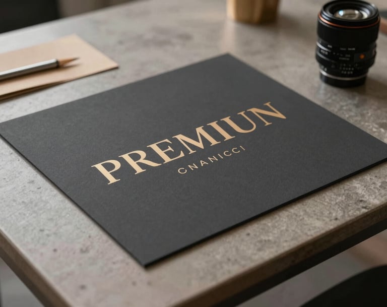 Close-up of premium advertising design mockups on a sleek table, showcasing sophisticated typography and a charcoal and tan color scheme. North American / Professional studio setting.